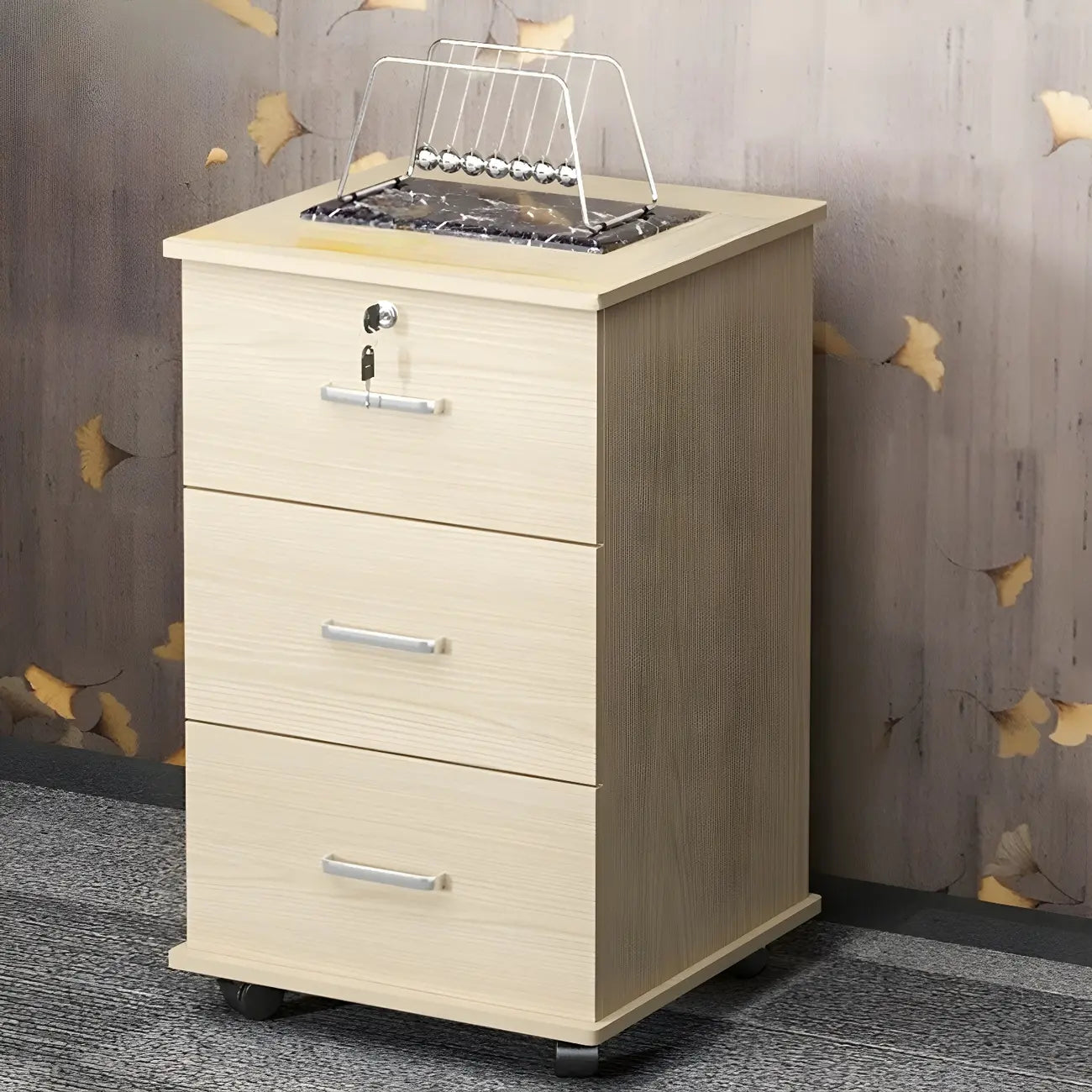 Classeur mobile Lokable en bois brun et blanc à 3 tiroirs