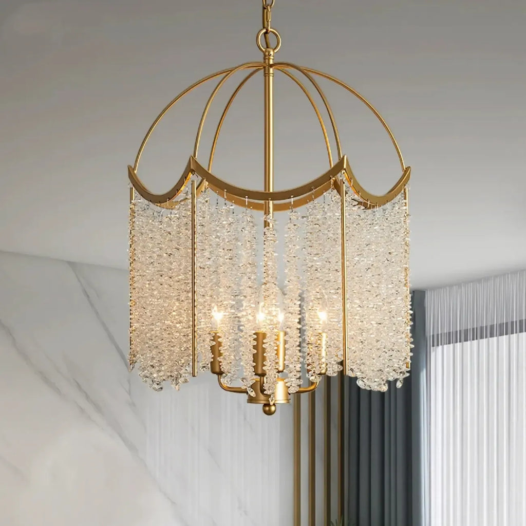 Lustre chic doré à pampilles en cristal et cage, style lustre