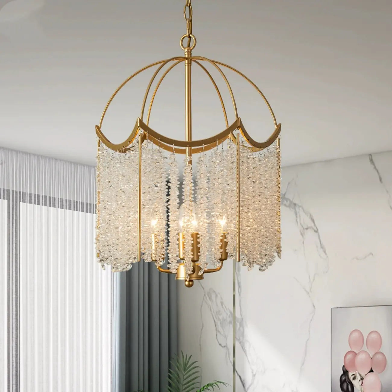Lustre chic doré à pampilles en cristal et cage, style lustre