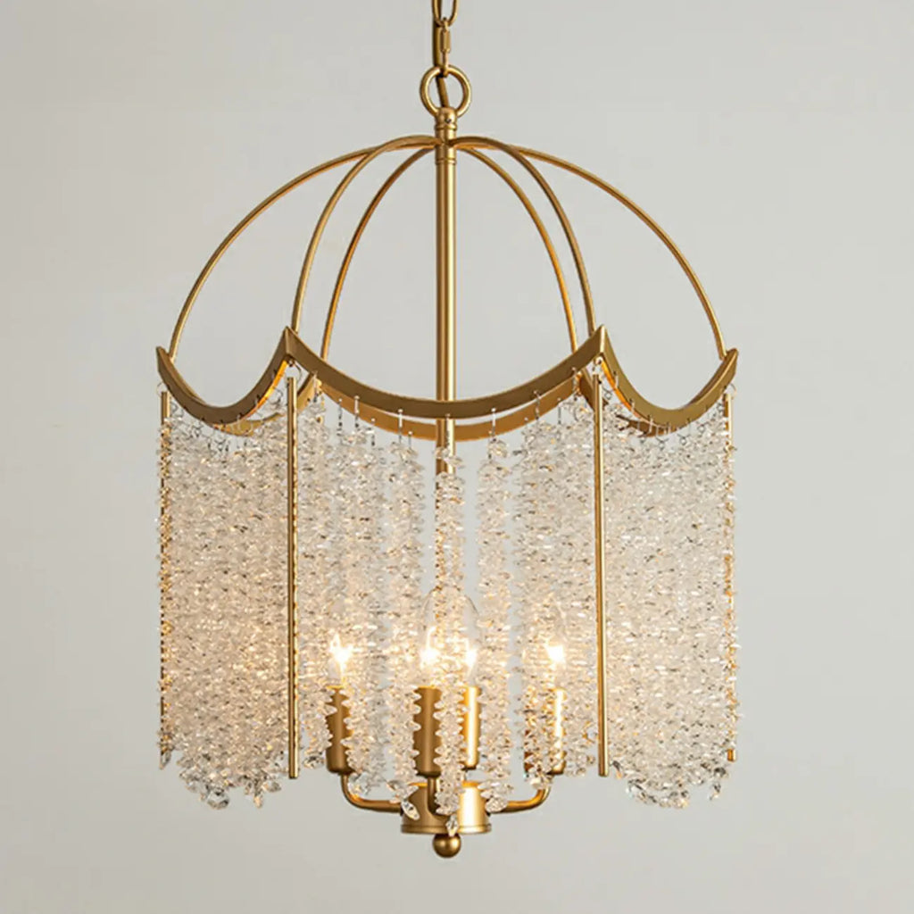 Lustre chic doré à pampilles en cristal et cage, style lustre