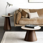 Table basse ronde minimaliste en bois avec plateau en pierre brune