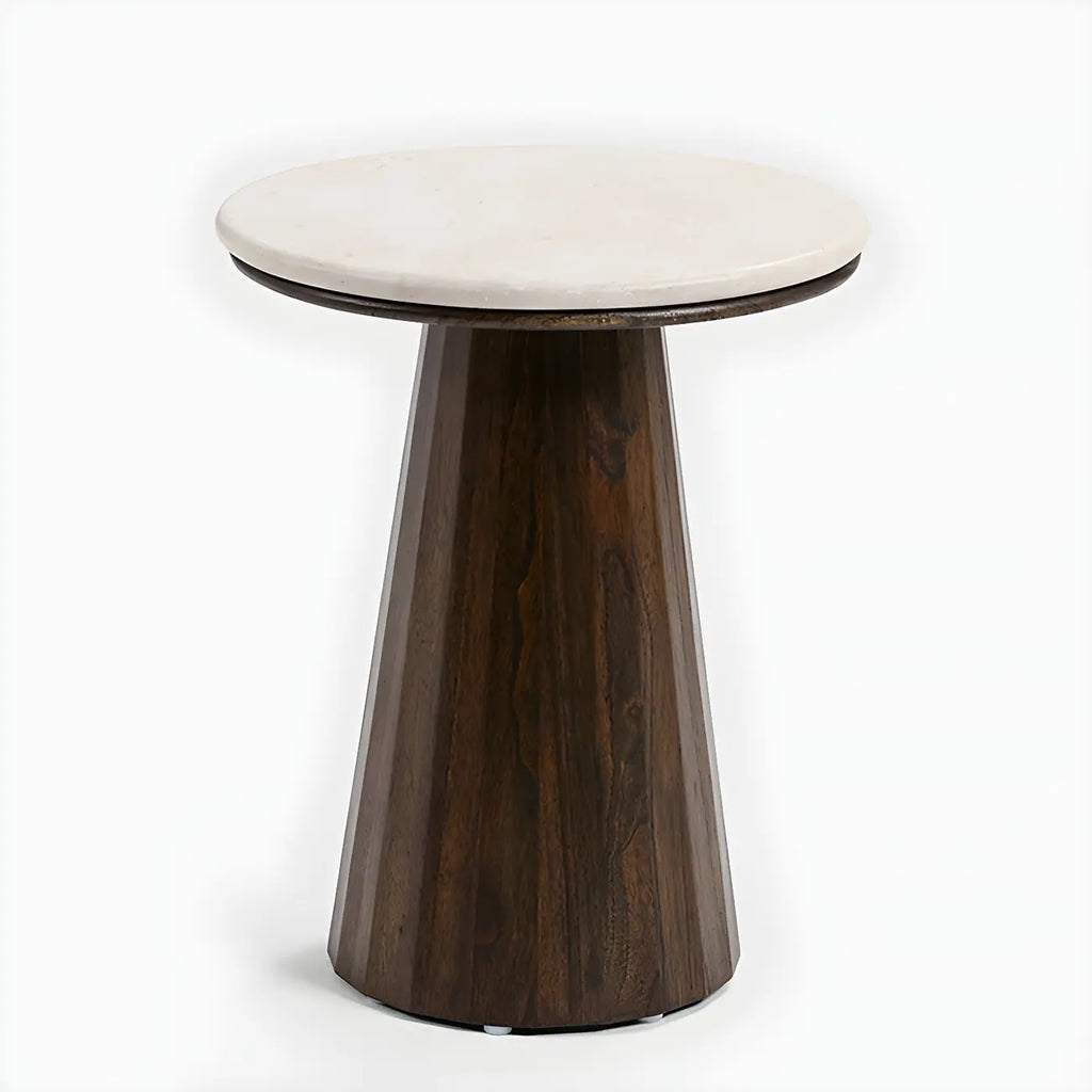 Table basse ronde minimaliste en bois avec plateau en pierre brune