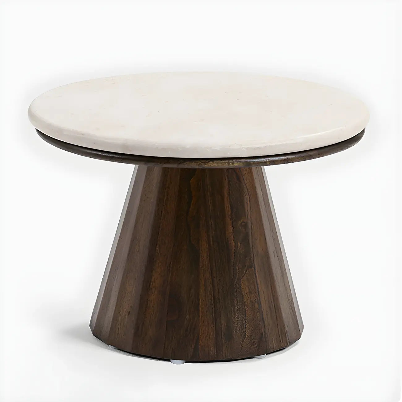 Table basse ronde minimaliste en bois avec plateau en pierre brune