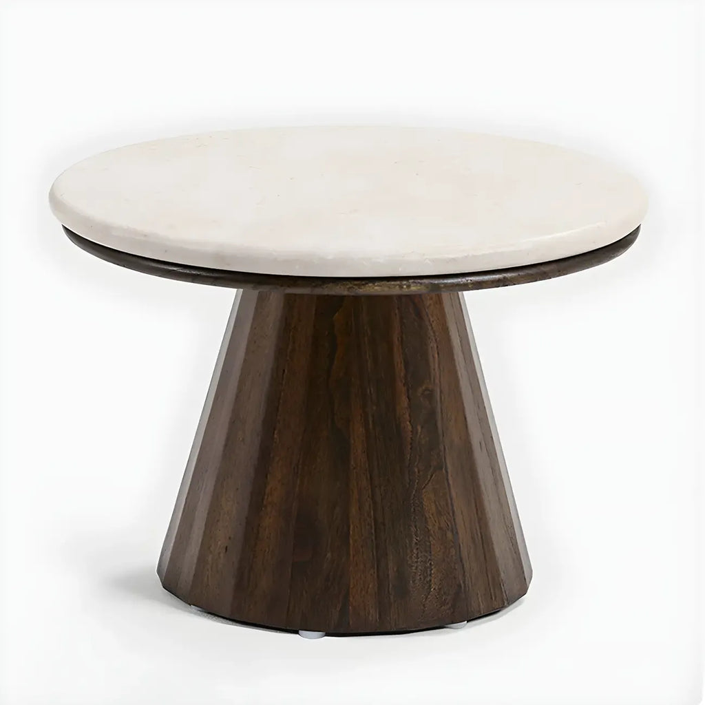 Table basse ronde minimaliste en bois avec plateau en pierre brune