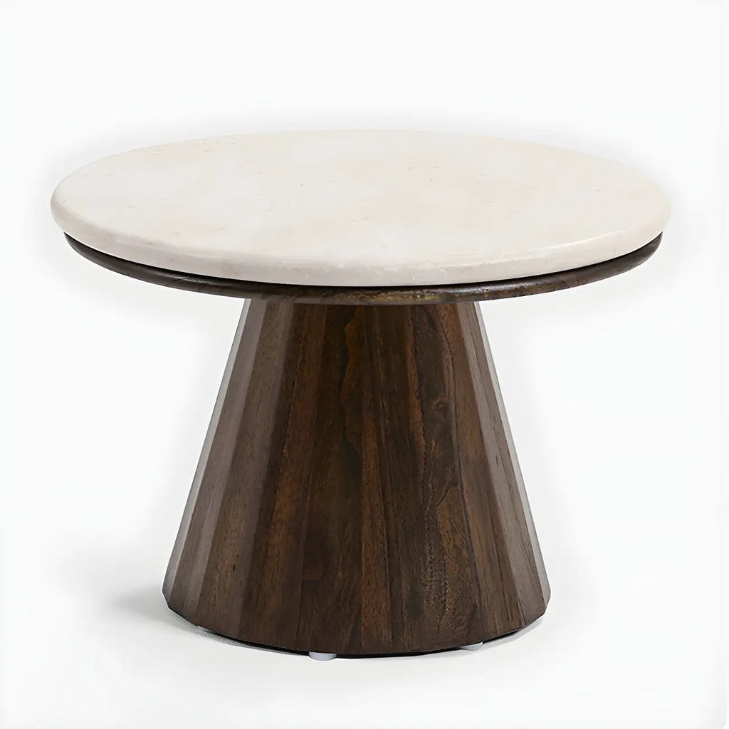 Table basse ronde minimaliste en bois avec plateau en pierre brune