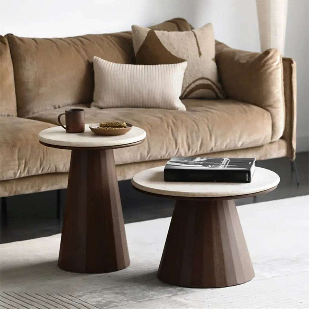 Table basse ronde minimaliste en bois avec plateau en pierre brune
