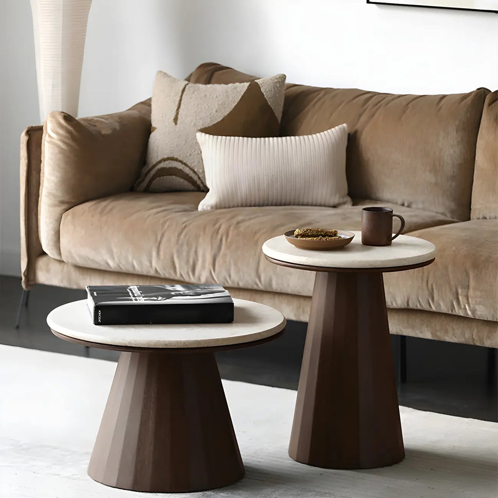 Table basse ronde minimaliste en bois avec plateau en pierre brune
