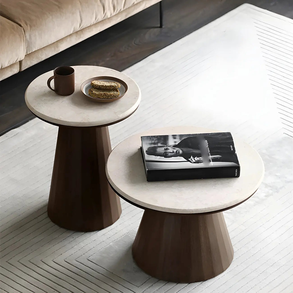Table basse ronde minimaliste en bois avec plateau en pierre brune