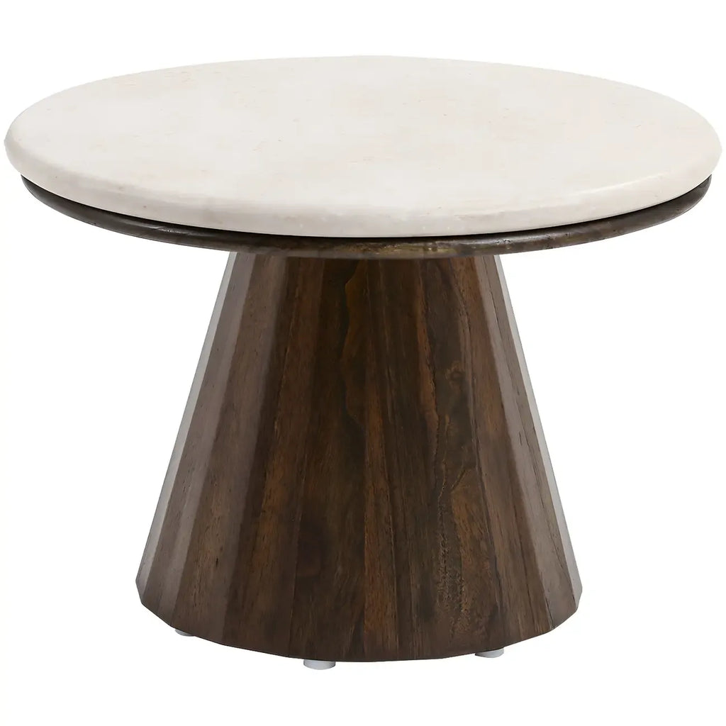Table basse ronde minimaliste en bois avec plateau en pierre brune