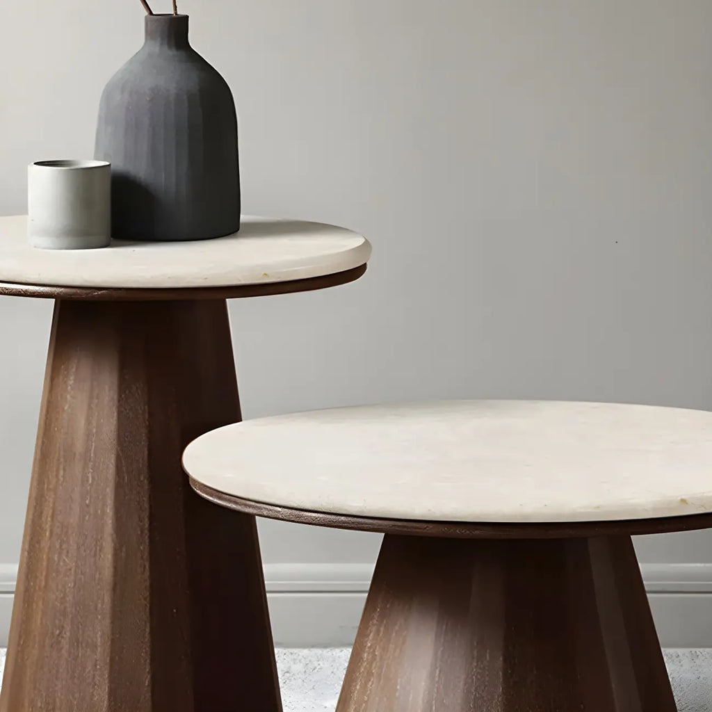 Table basse ronde minimaliste en bois avec plateau en pierre brune