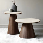 Table basse ronde minimaliste en bois avec plateau en pierre brune