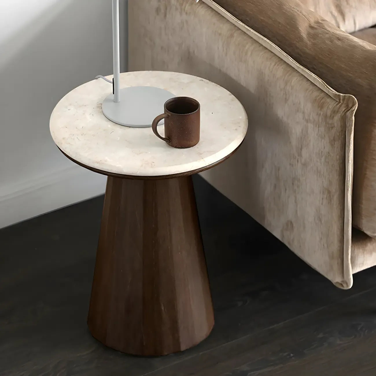 Table basse ronde minimaliste en bois avec plateau en pierre brune