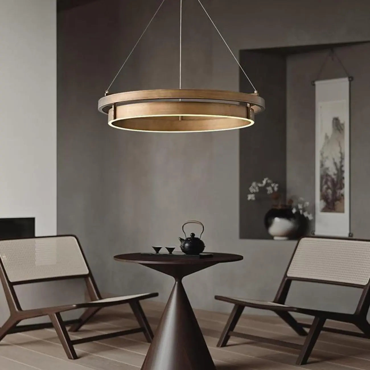Lustre moderne élégant en laiton avec anneau et LED à intensité variable