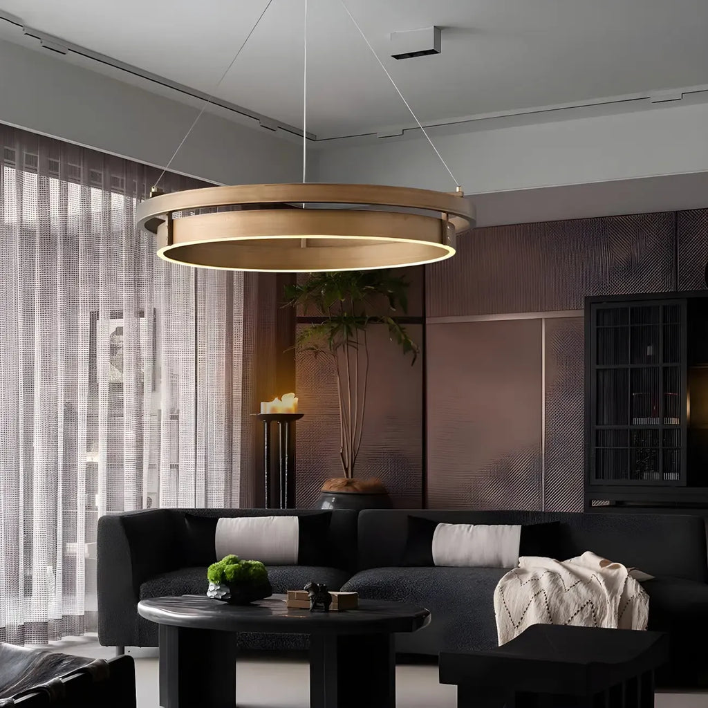 Lustre moderne élégant en laiton avec anneau et LED à intensité variable