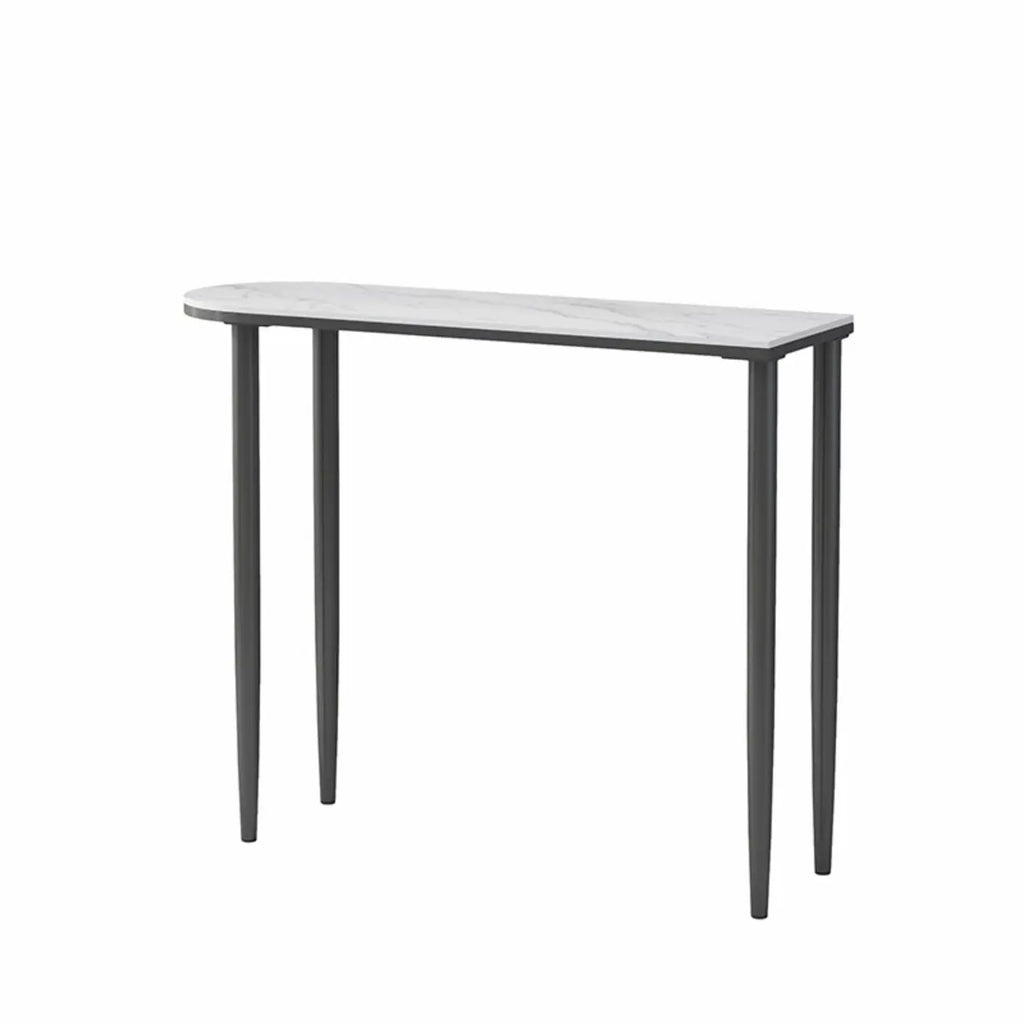 Table de bar moderne aux formes libres avec plateau en pierre blanche et structure en fer