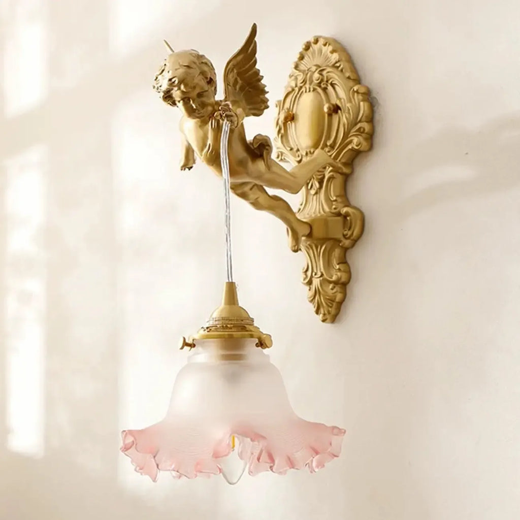 Applique murale vintage artistique en forme d'ange doré avec abat-jour en cristal