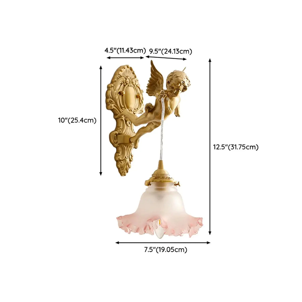 Applique murale vintage artistique en forme d'ange doré avec abat-jour en cristal