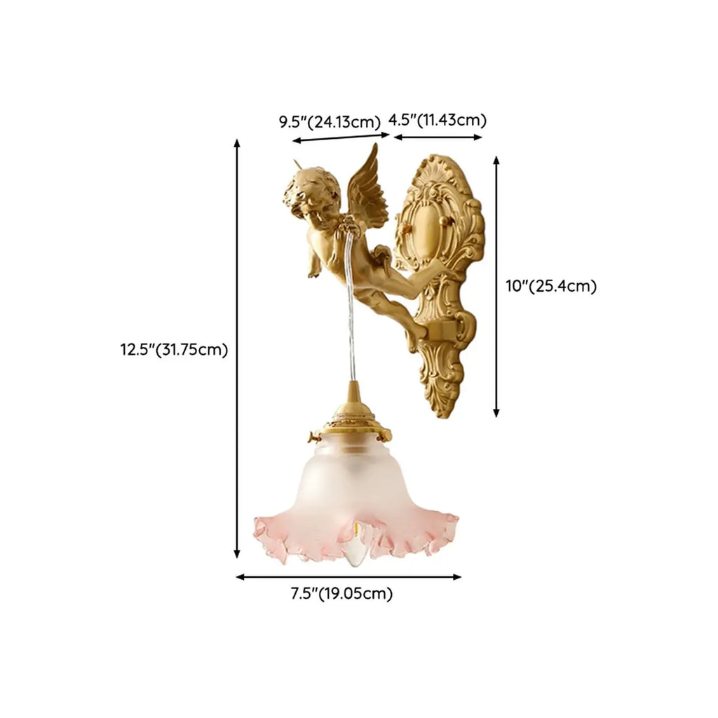 Applique murale vintage artistique en forme d'ange doré avec abat-jour en cristal
