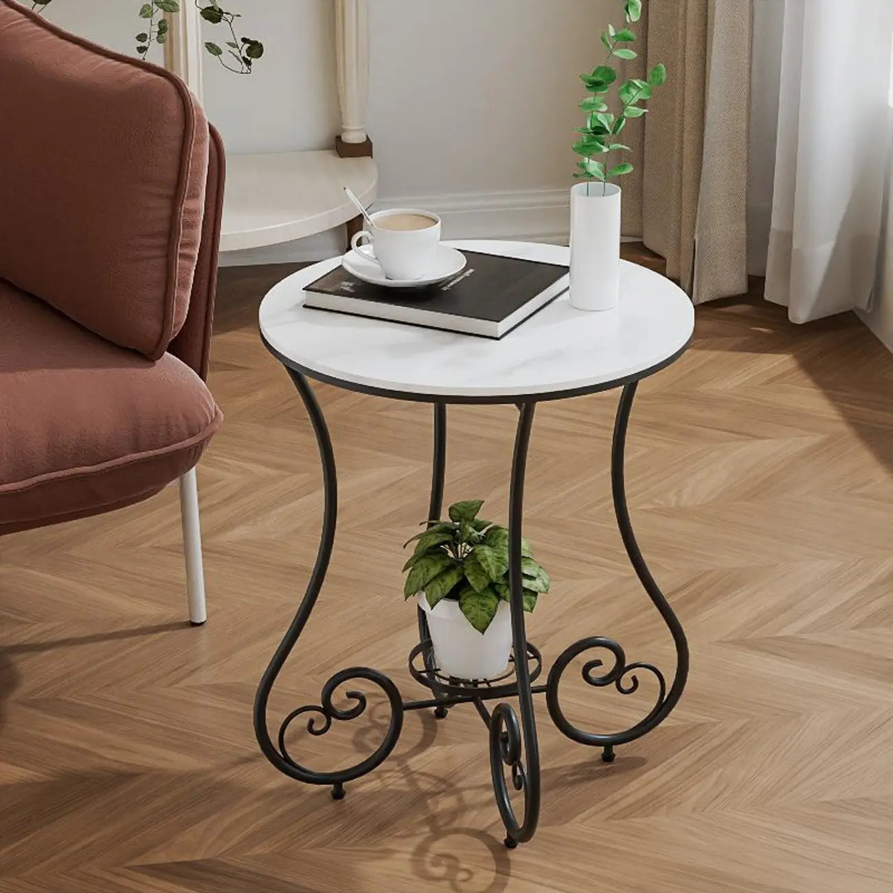 Table d'appoint ronde moderne en acier brillant et plateau en marbre