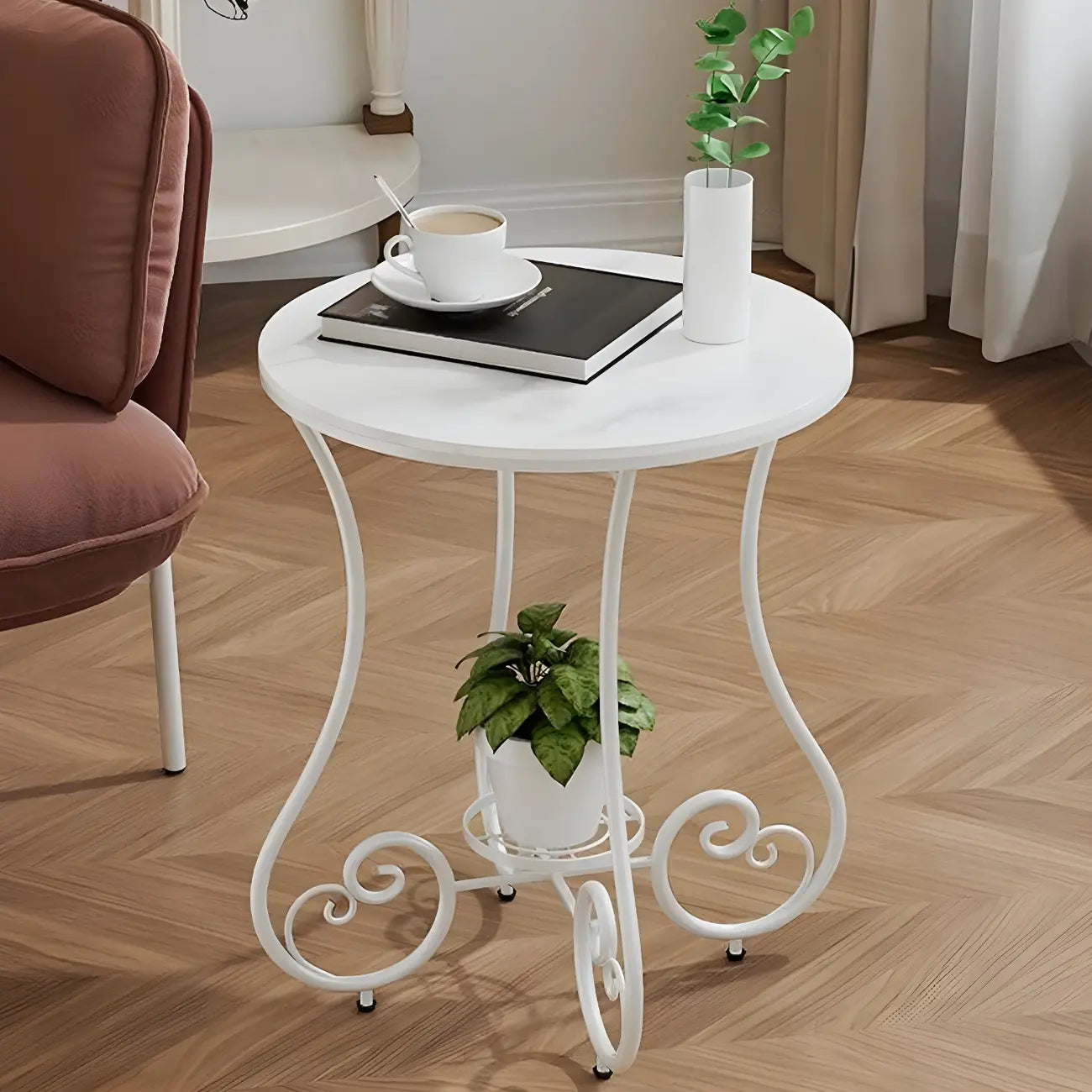 Table d'appoint ronde moderne en acier brillant et plateau en marbre