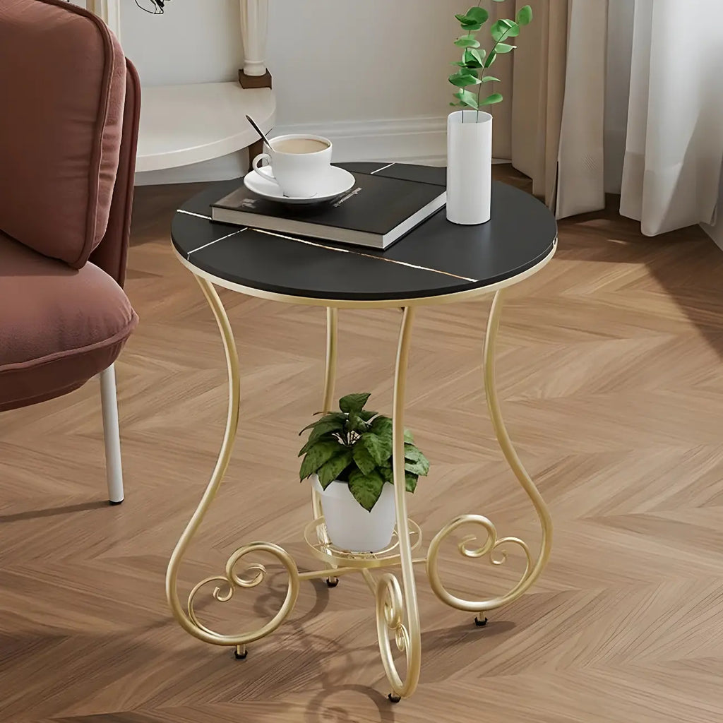 Table d'appoint ronde moderne en acier brillant et plateau en marbre