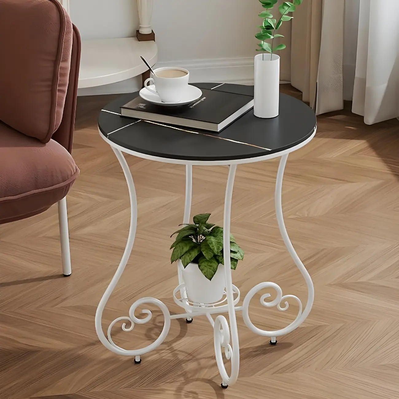 Table d'appoint ronde moderne en acier brillant et plateau en marbre
