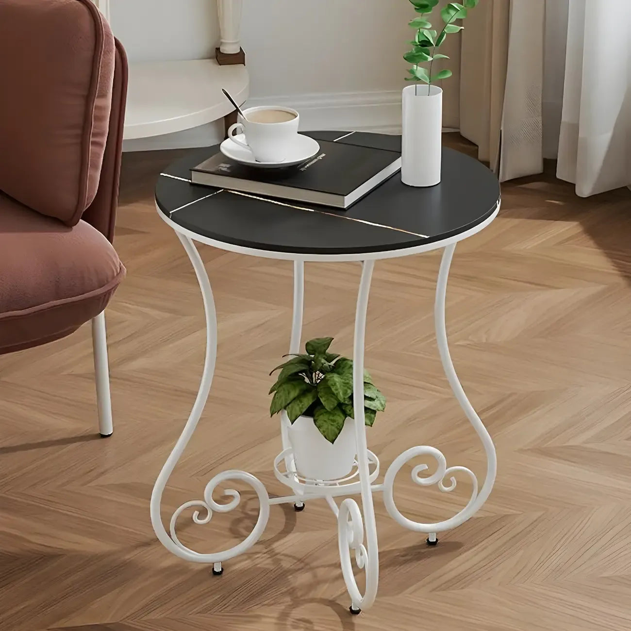 Table d'appoint ronde moderne en acier brillant et plateau en marbre