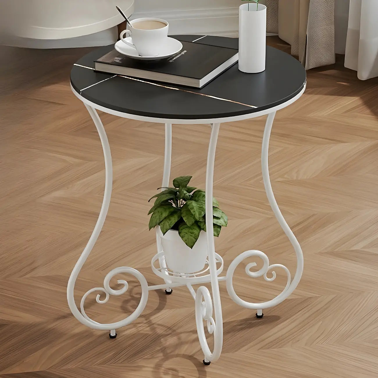 Table d'appoint ronde moderne en acier brillant et plateau en marbre