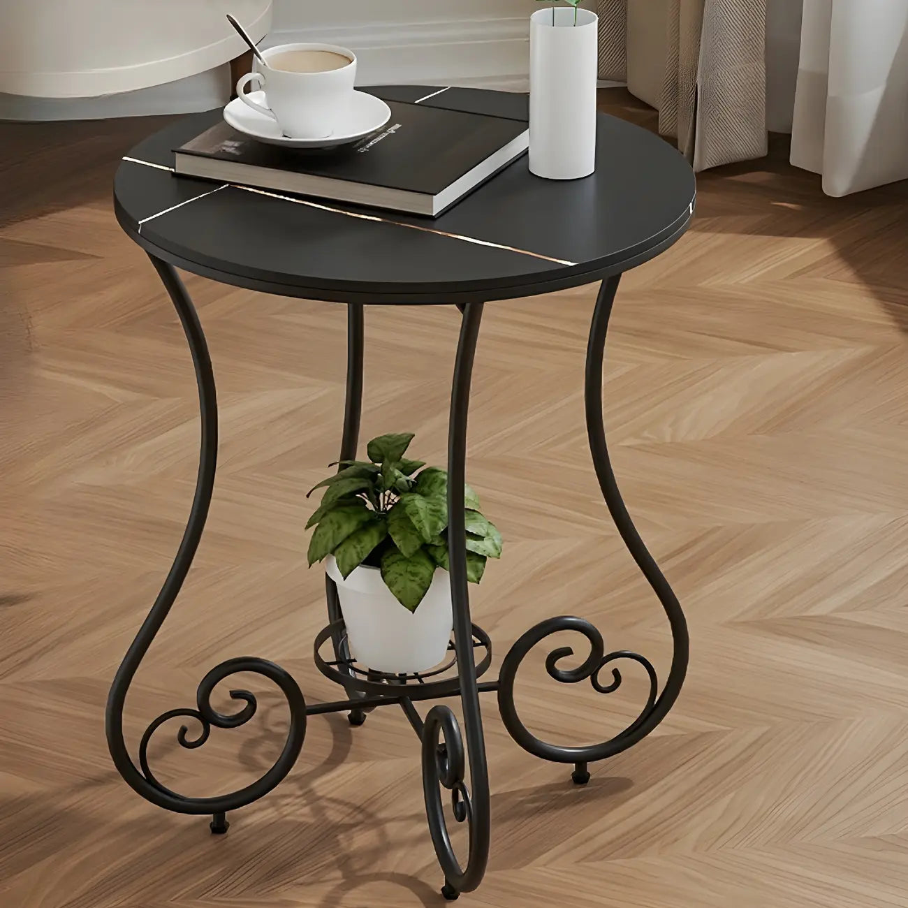 Table d'appoint ronde moderne en acier brillant et plateau en marbre