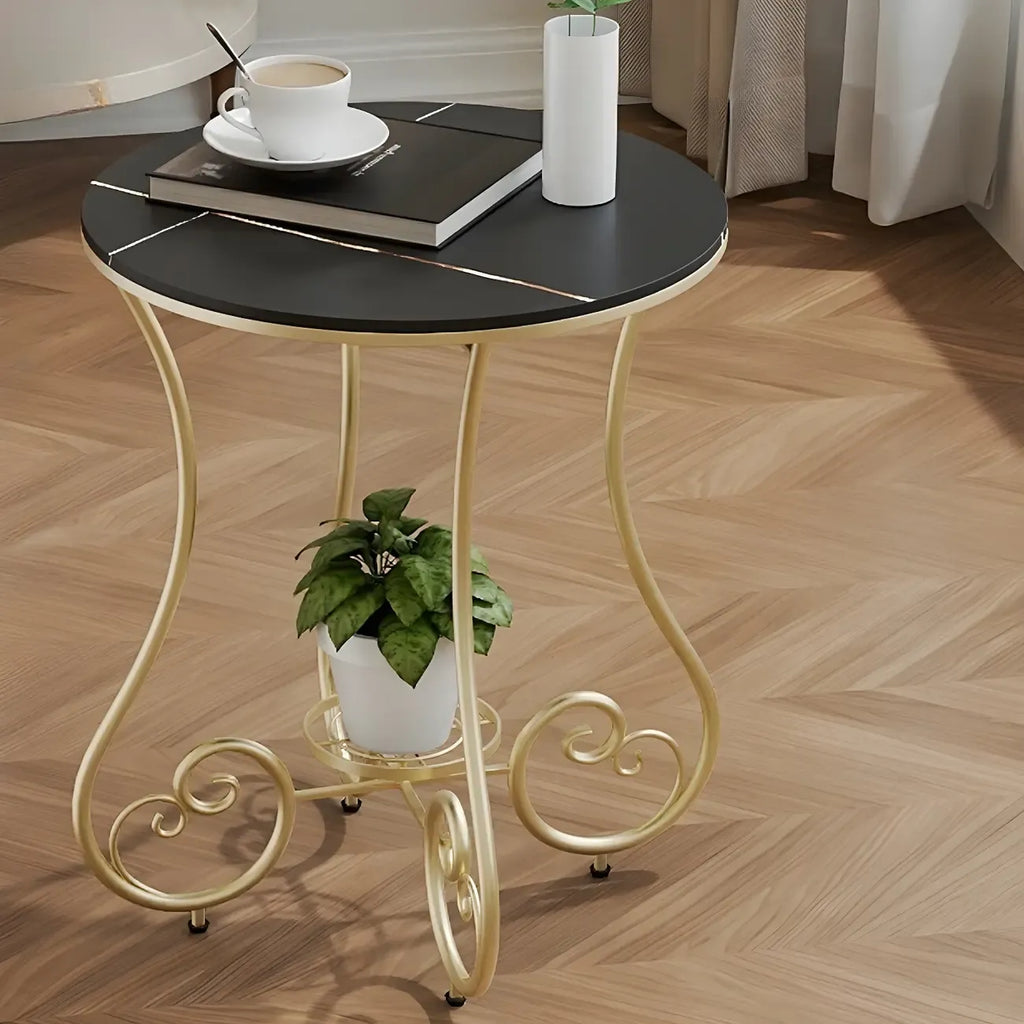 Table d'appoint ronde moderne en acier brillant et plateau en marbre