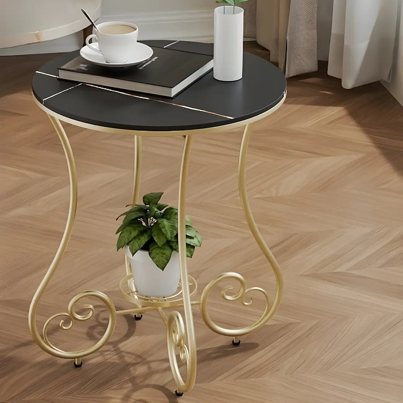 Table d'appoint ronde moderne en acier brillant et plateau en marbre
