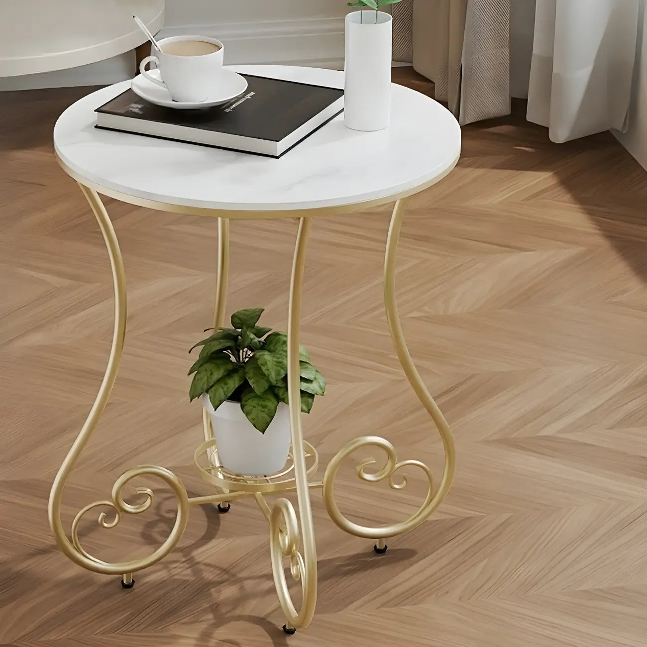 Table d'appoint ronde moderne en acier brillant et plateau en marbre
