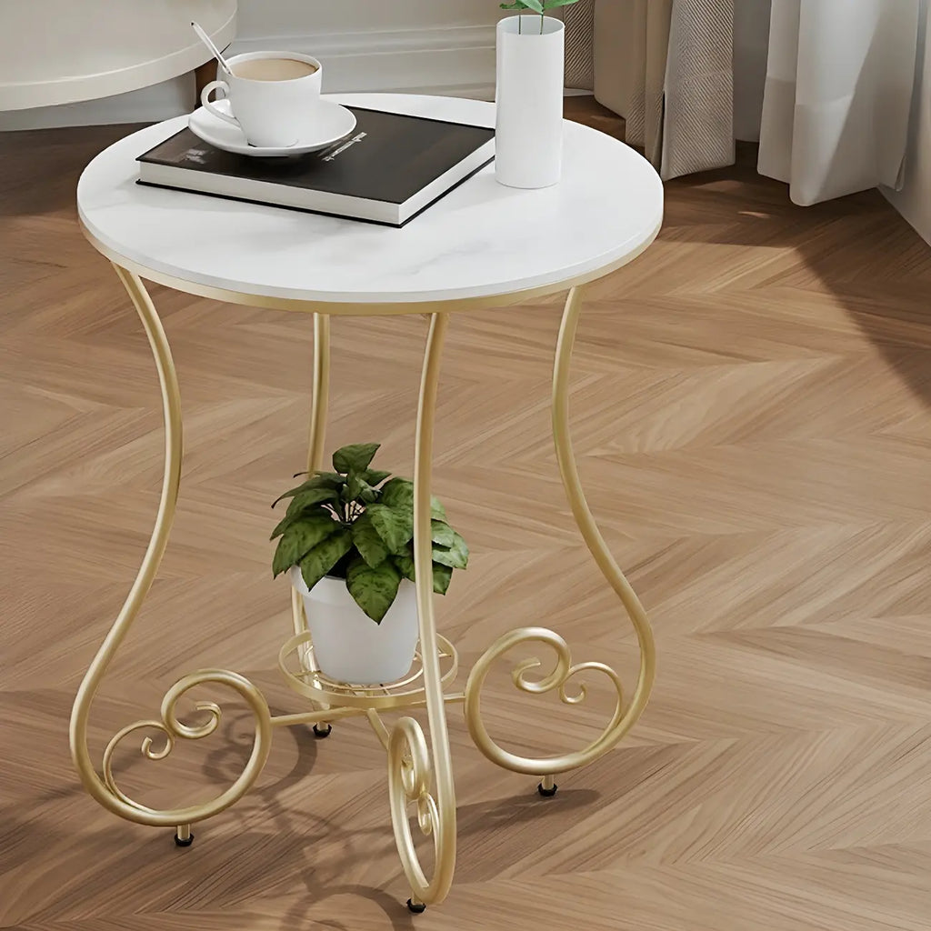 Table d'appoint ronde moderne en acier brillant et plateau en marbre