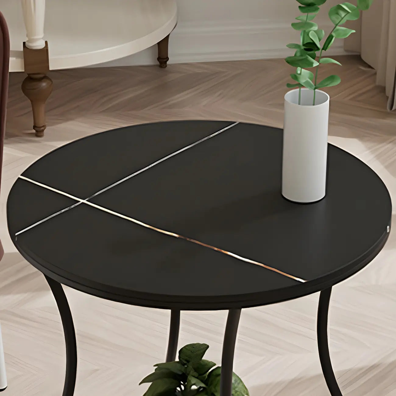 Table d'appoint ronde moderne en acier brillant et plateau en marbre