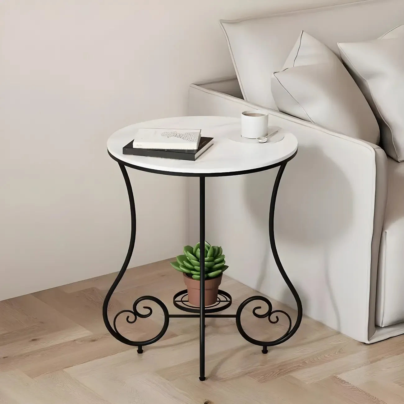 Table d'appoint ronde moderne en acier brillant et plateau en marbre