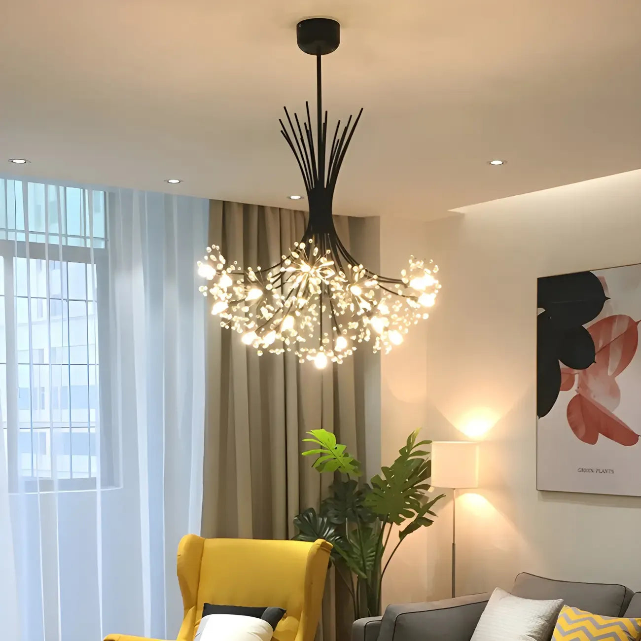 Lustre moderne en métal noir avec bouquet de cristaux et LED