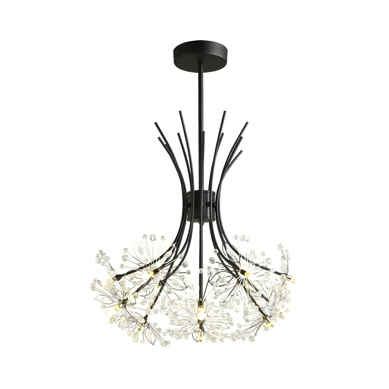 Lustre moderne en métal noir avec bouquet de cristaux et LED