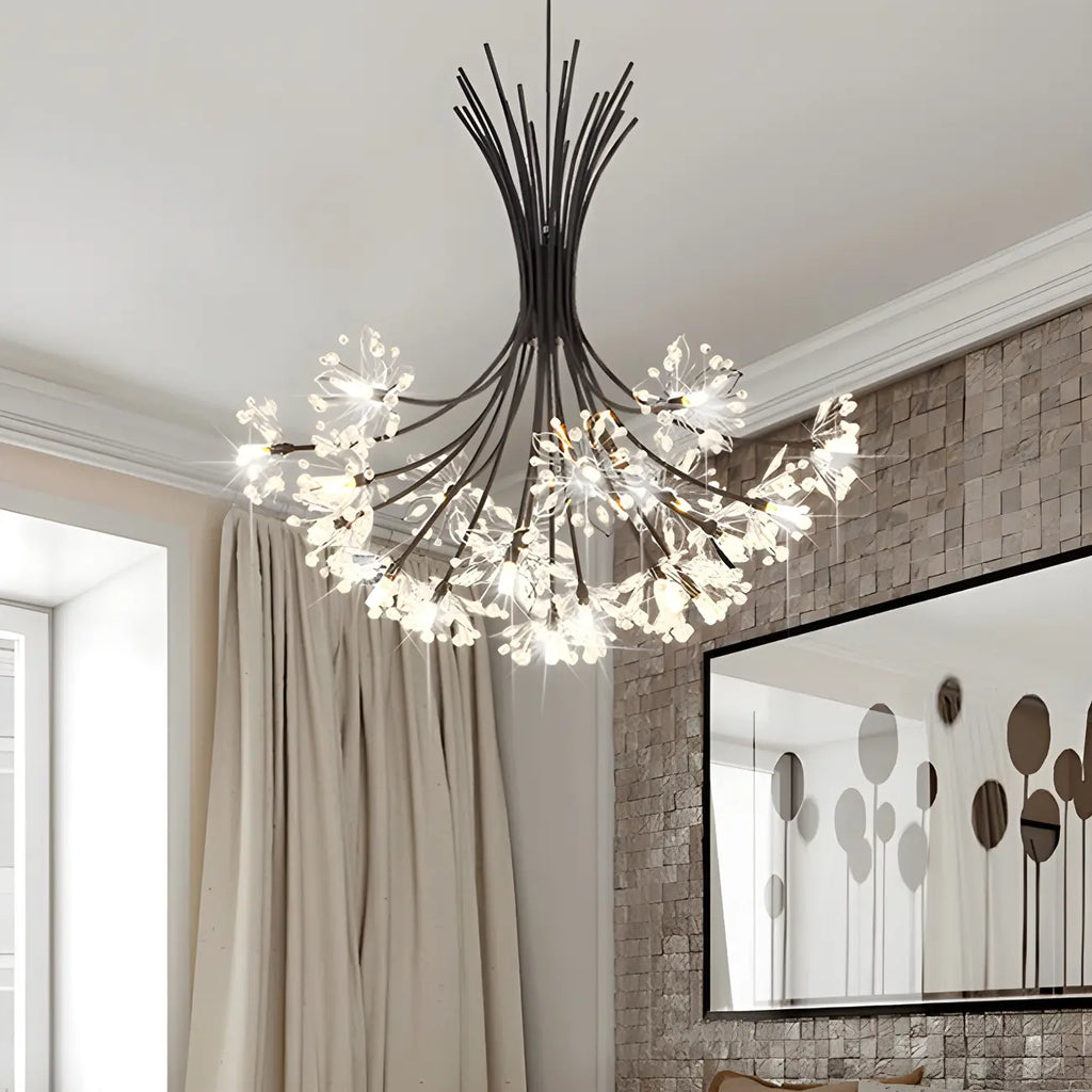 Lustre moderne en métal noir avec bouquet de cristaux et LED