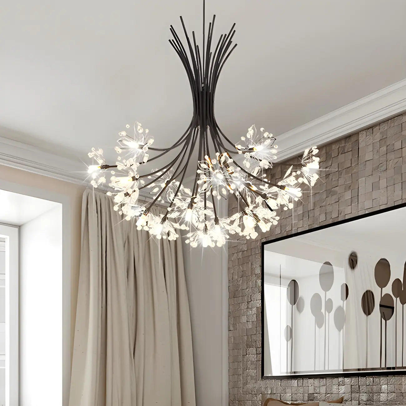 Lustre moderne en métal noir avec bouquet de cristaux et LED