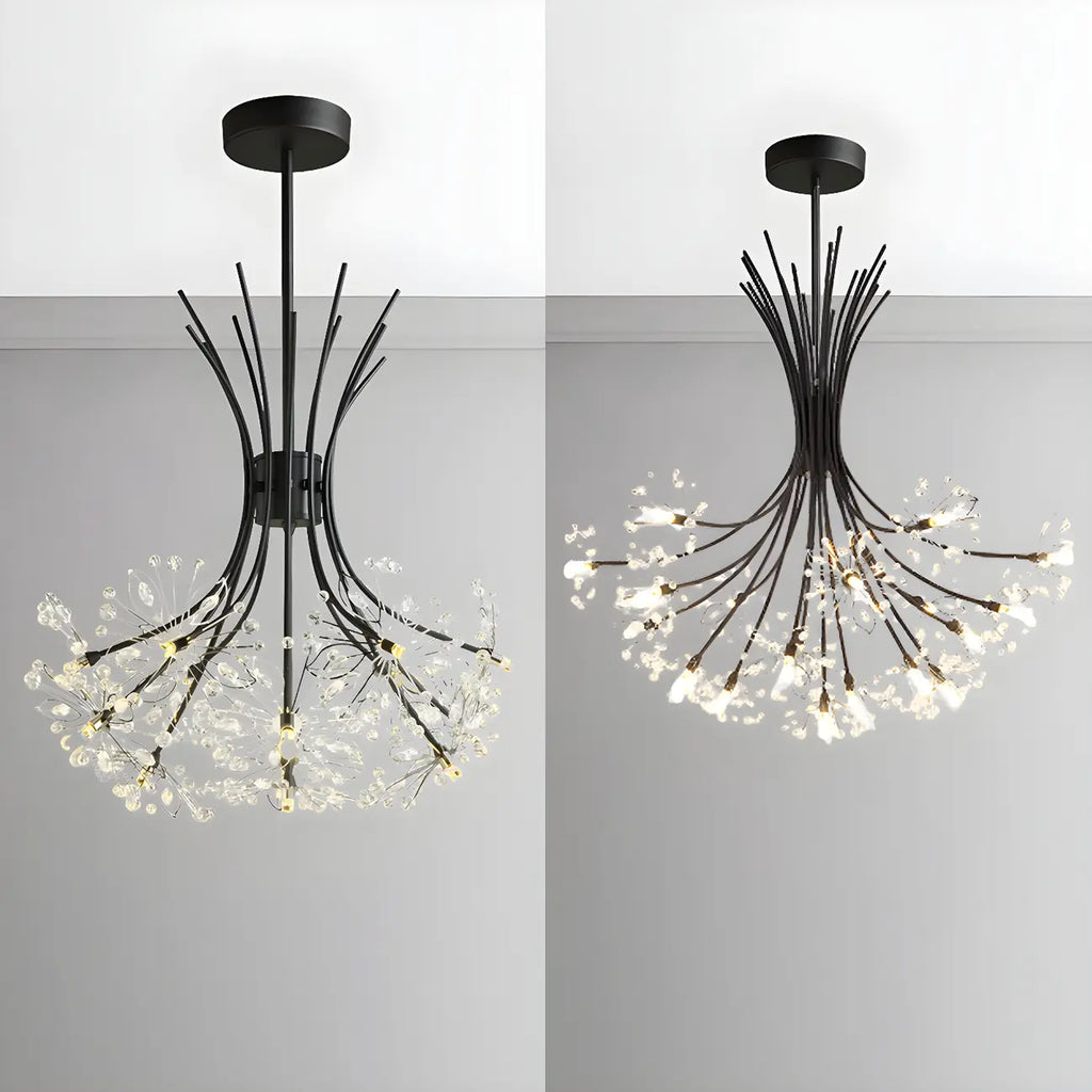 Lustre moderne en métal noir avec bouquet de cristaux et LED