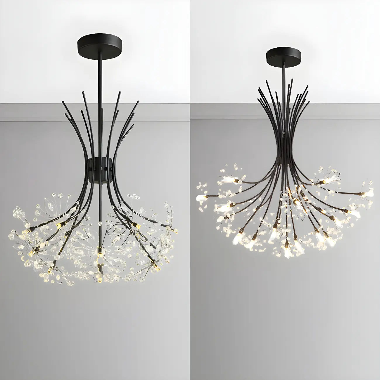 Lustre moderne en métal noir avec bouquet de cristaux et LED