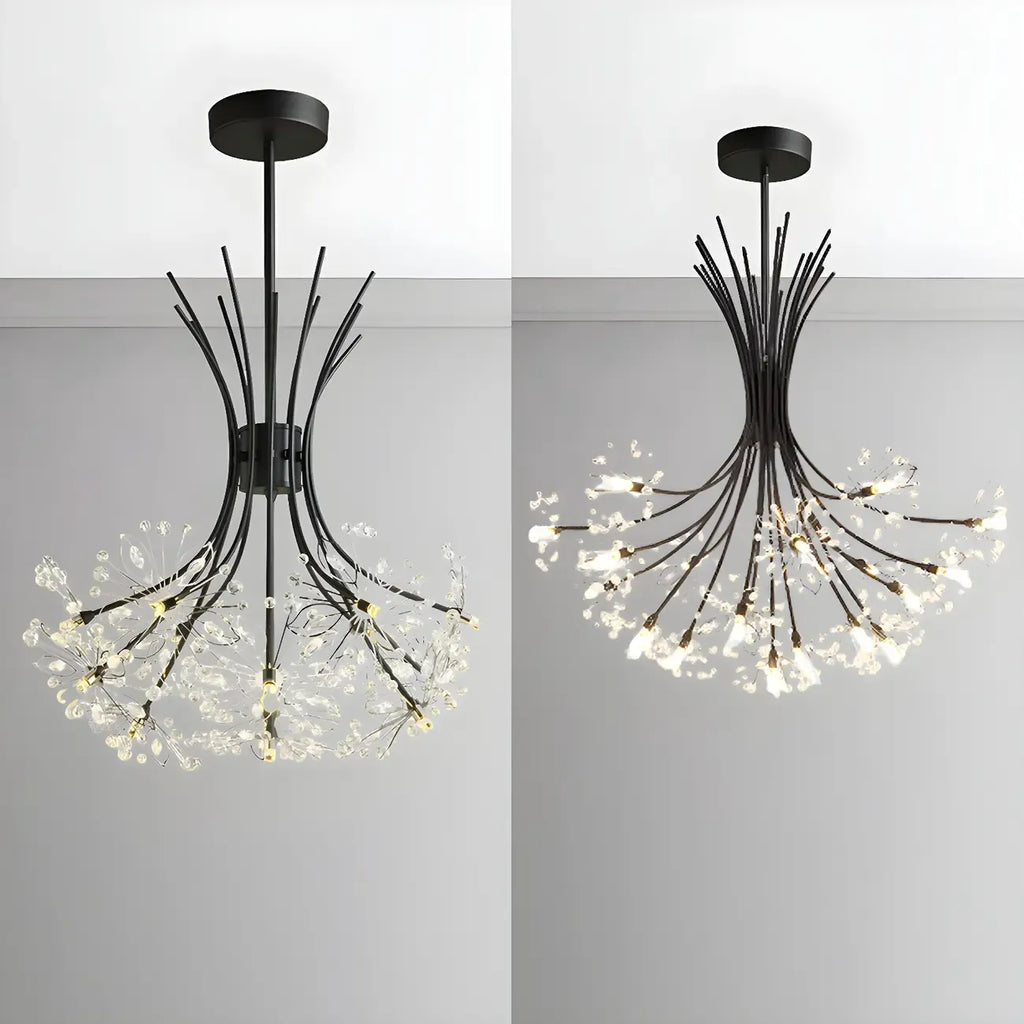Lustre moderne en métal noir avec bouquet de cristaux et LED