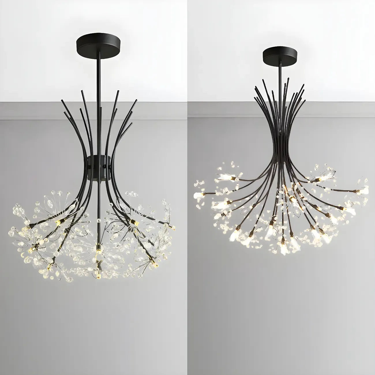 Lustre moderne en métal noir avec bouquet de cristaux et LED