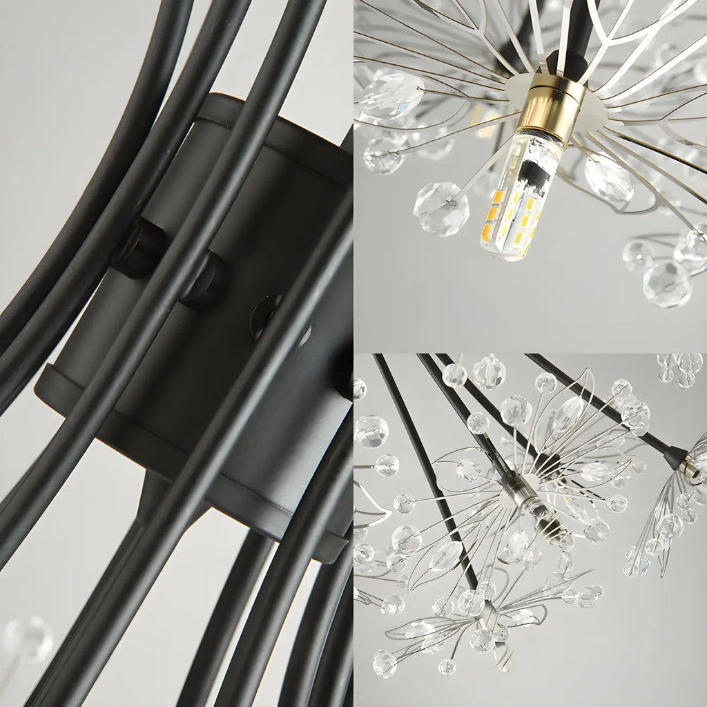 Lustre moderne en métal noir avec bouquet de cristaux et LED