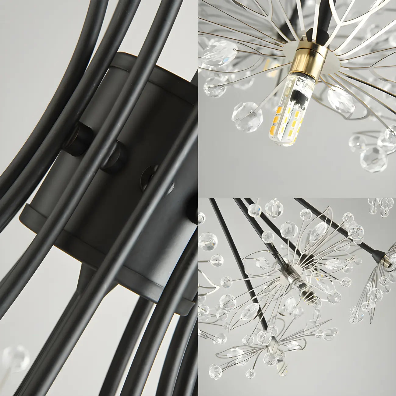 Lustre moderne en métal noir avec bouquet de cristaux et LED