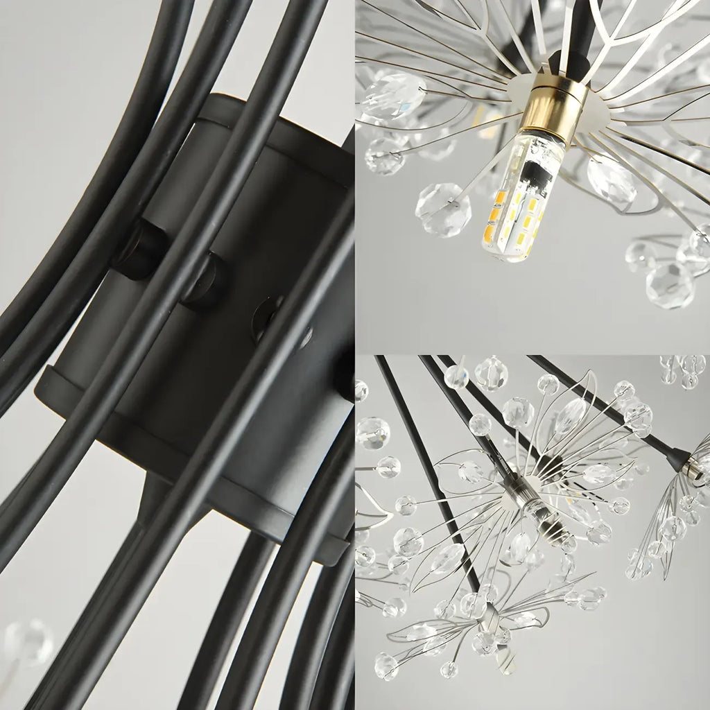 Lustre moderne en métal noir avec bouquet de cristaux et LED
