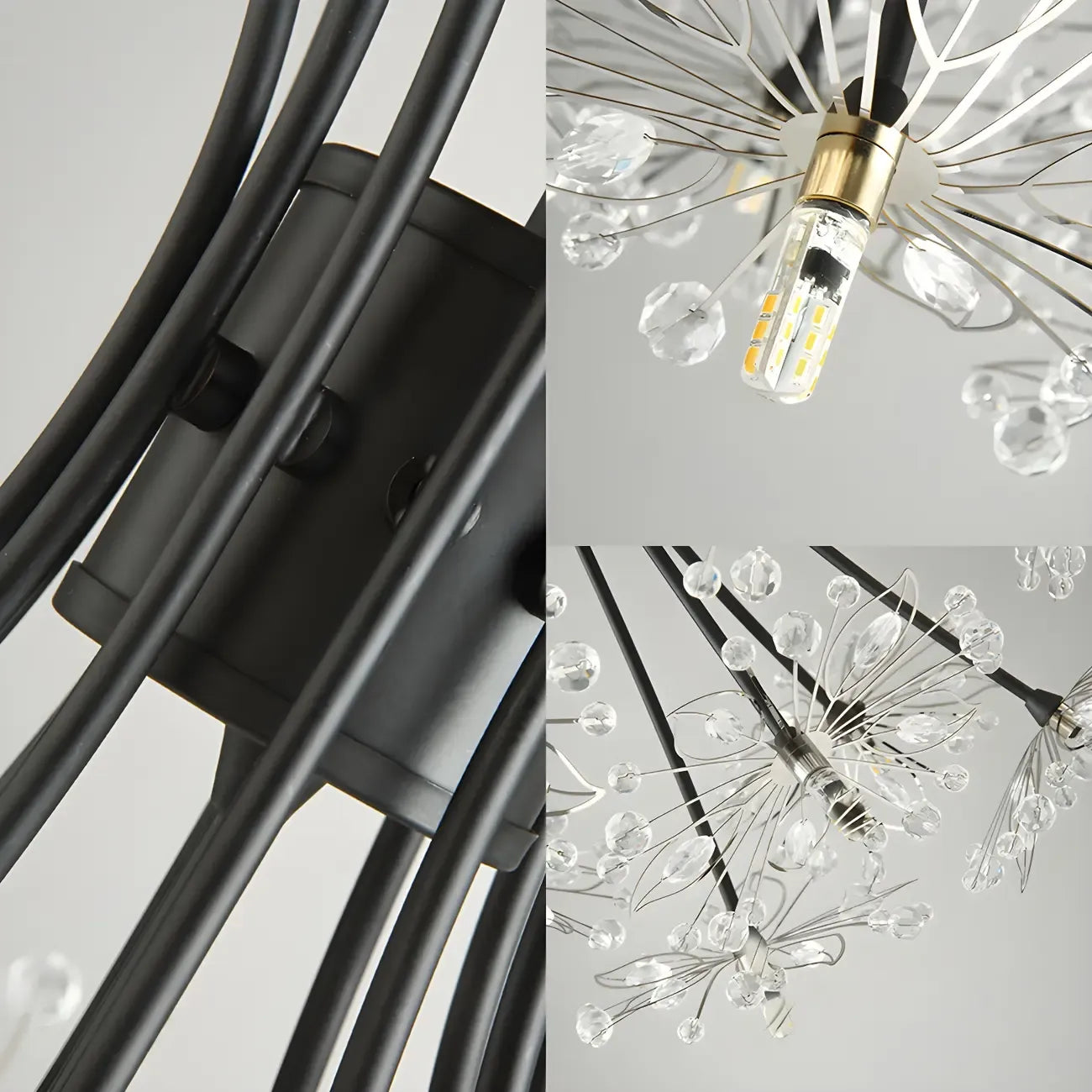 Lustre moderne en métal noir avec bouquet de cristaux et LED