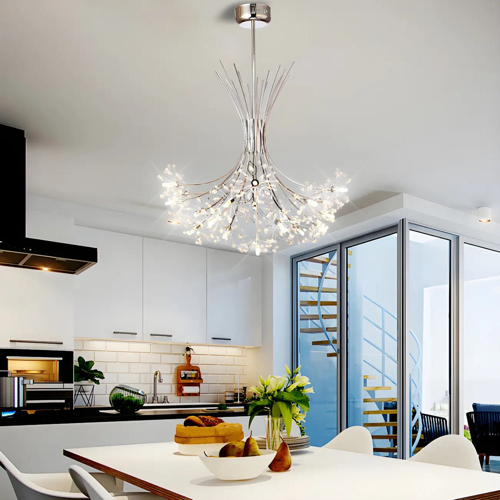 Lustre moderne en métal noir avec bouquet de cristaux et LED