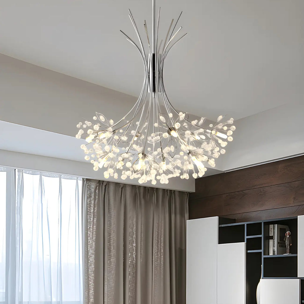 Lustre moderne en métal noir avec bouquet de cristaux et LED