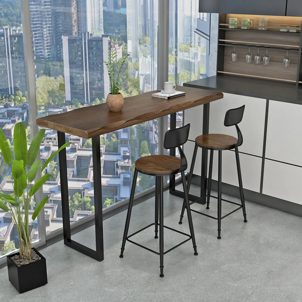 Table de bar moderne en pin brun et fer forgé avec plateau en bois de pin brun